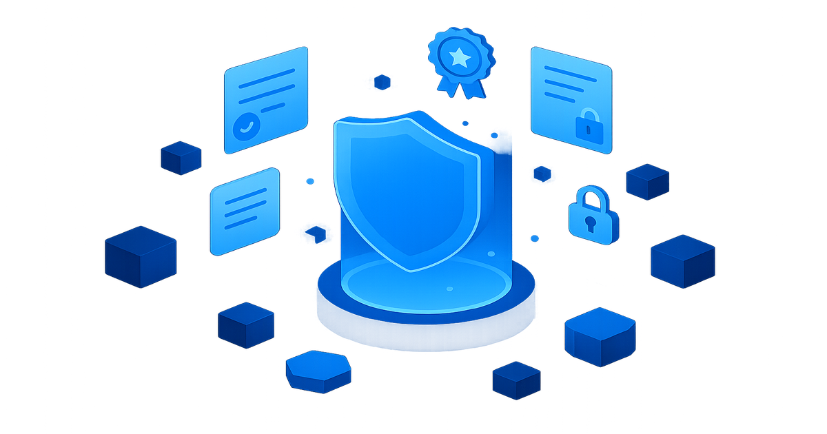 Trust center concept — shield portal with compliance documents in monochromatic blue